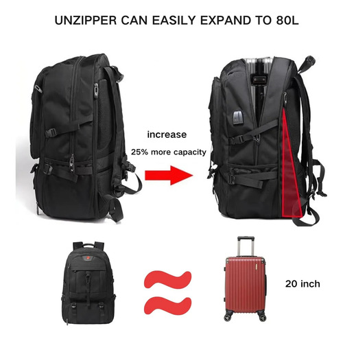 Mochila De Viaje Deportiva Gym Impermeable Para Hombre De Grande Capacidad 80l Con Compartimentos Para Zapatos Y Laptop De 18'' Escolar Negro Con Puerto De Carga Usb