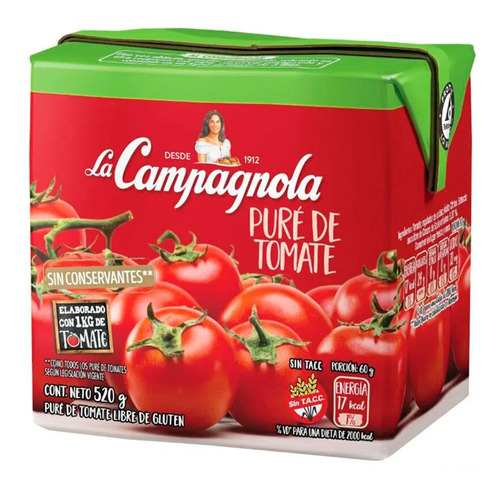 Pure De Tomate La Campagnola 520g - Sin Conservantes 