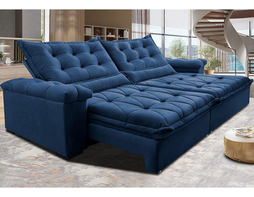 Sofá Retrátil 2,55m Cama Inbox Big Fresh. Com Softgel d40 Cor Azul