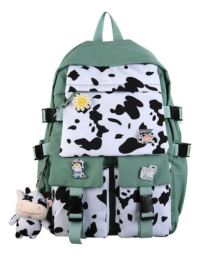 Mochila Con Estampado De Vaca Kawaii Con Lindo Accesorio Pin