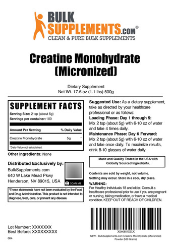 Bulk Supplements Creatina Monohidratada Micronizada 500 Gr Sin Sabor
