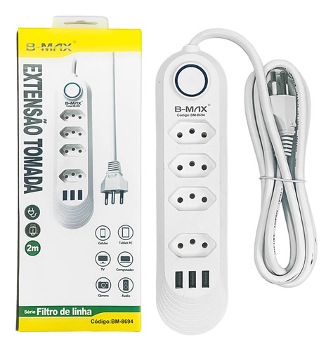 B-Max BM-8694 Extensão 4 Tomadas + 3 Usb Regua Energia Eletrica Cabo 2m