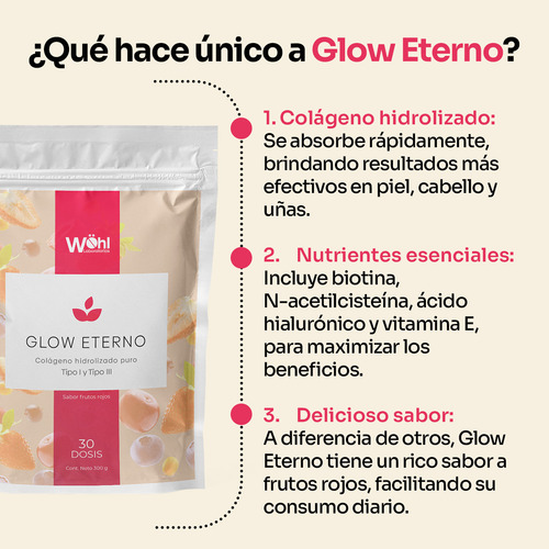 Glow Eterno Colágeno Hidrolizado Laboratorios wöhl Premium Frutos Rojos 300 G