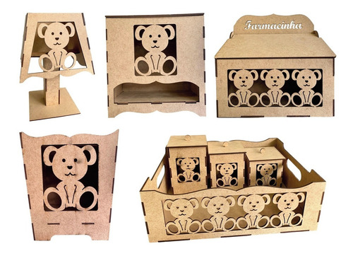 Kit Higiene. 8 Peças  Urso- 3d - Mdf Cru Desmontado