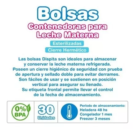 Bolsas Contenedoras Para Leche Materna Dispita X 30 Unidades