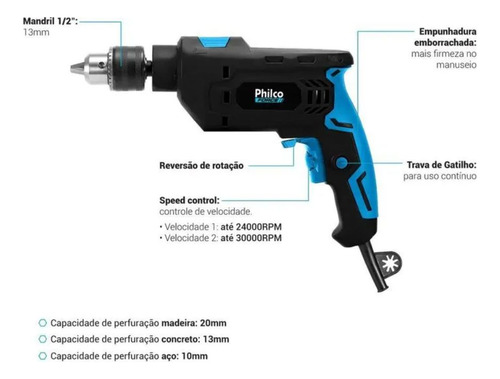 Furadeira Philco Force 3000 Rpm Mandril 13mm Pfu04 850w
