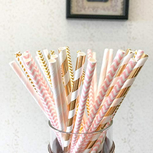 Pajitas De Papel Biodegradables, 100 Pajitas Rosa/doradas Pa