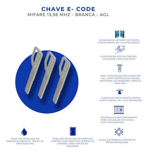 Fechadura Eletrônica AGL Ultra Card Mifare 13,56MHZ Branca - Chave E-code e Tag