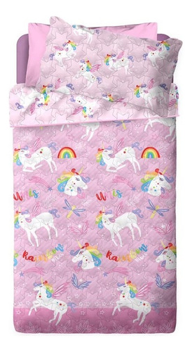 Cover Quilt Cubrecama Piñata 1 1/2 Plaza Unicornio Color Rosa Liso