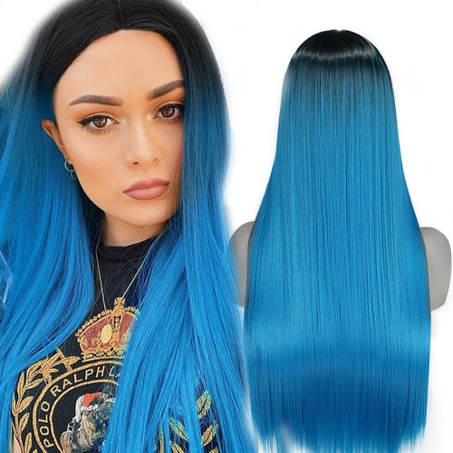 ¡ Peluca Lisa 80cm Kanekalon Larga Cabello Azul Gris Humo !!