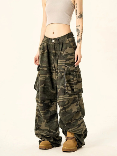 Jeans Anchos Con MĂșltiples Bolsillos De Camuflaje Para Mujer