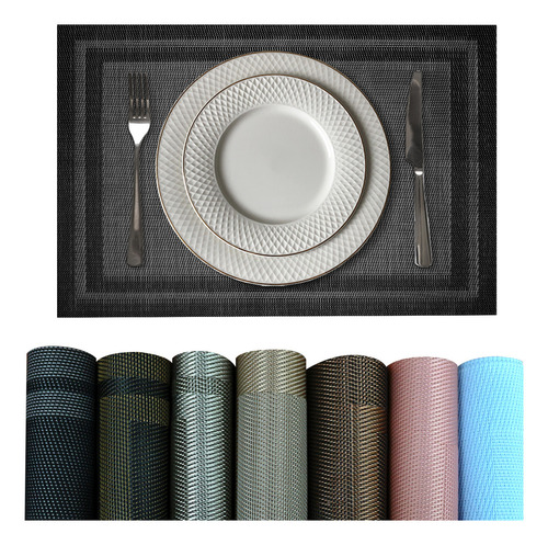 6 Jogo Americano Mesa Posta Luxo Impermeável Pvc Mz Mold Vr Cor M7 Preto Grafite Cinza Claro Escuro Café Moldura Mz Retangular