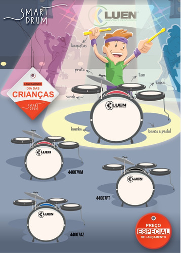 Bateria Infantil Completa Luen Smart Drum Azul - Oferta