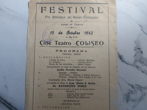 Imagen 3 de 4 de Antigua Ficha Festival Cine Teatro Coliseo 1942. Ian 548