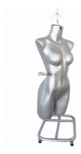 Maniquí Mujer ¾ Recto Fibra Vidrio Plata Y Base Colgar Dama 