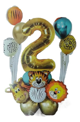 Kit Deco Feliz Cumple Animales Safari+numero 2 De 80cm+latex
