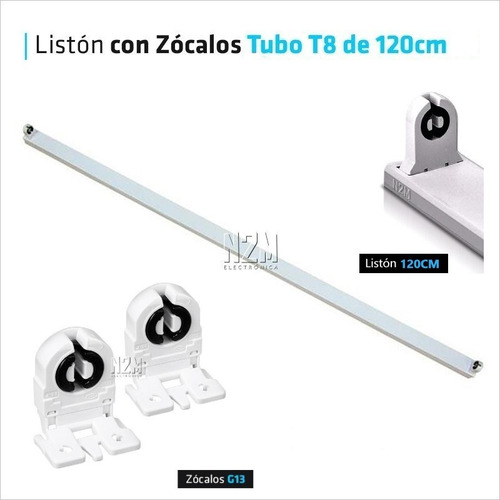 Liston Led Tubo T8 120 Cm + Zocalos G13 Cables Techo Pack 20 Blanco