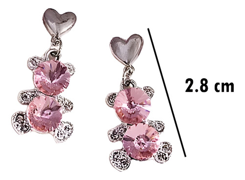 Aretes Pendientes Metal Conejo Y Oso Plateado Rosa Brillo