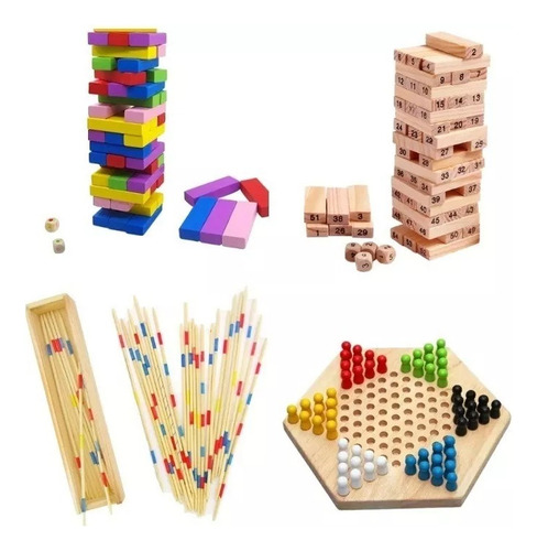 Pack 4 Juegos De Madera Damas Chinas Yenga Palitos Chinos