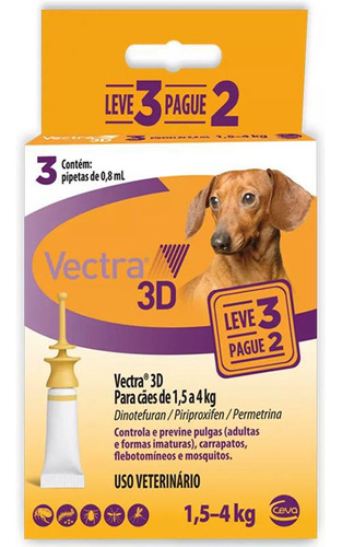 Vectra 3d Caes 1,5 A 4kg 0.8ml Anti-pulgas Ceva 3 Pipetas