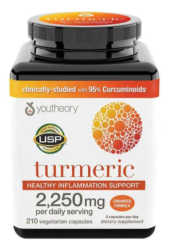 Cúrcuma 2250 mg - Youtheory 210 cápsulas con 95% de curcuminoides, sabor neutro