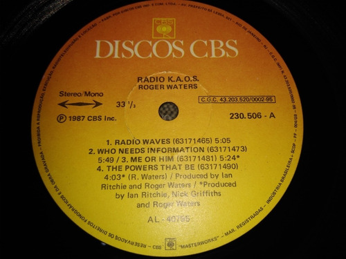 Lp Vinil Roger Waters 1987 Radio K.a.o.s - Encarte (Usado)