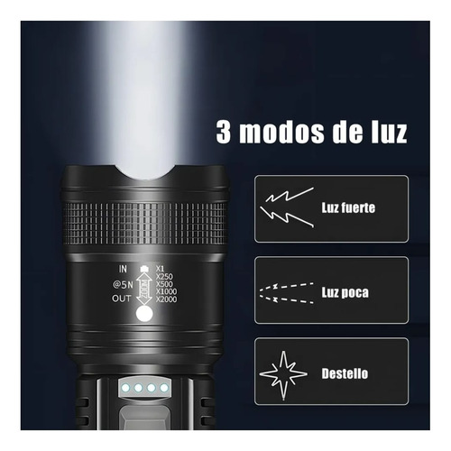Linterna Potente P50 1200 Lumen 3 Modos De Operacion Y Zoom Blanco Negro