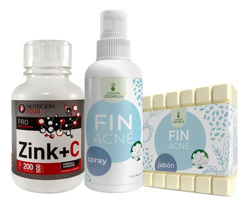 1 Combo Fin Acné-spray, Zinc+c 200 Capsulas, Jabón Fin Acné