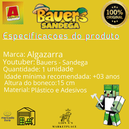 Boneco Minecraft Sandega Bauers15cm Chaveiro+ferramenta+jogo