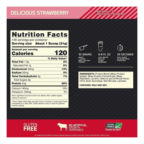 Suplemento en polvo Optimum Nutrition Proteína Gold Standard 100% Whey proteína sabor delicious strawberry en bolsa de 4.54kg