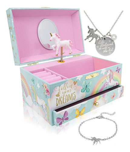 Joyero Musical De Unicornio. Incluye Collar Y Pulsera 