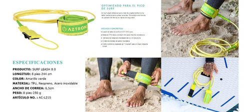 Imagen 2 de 6 de Pita Aztron /sup - Coil Leash Surf 8,0 Amarilla Para Tablas