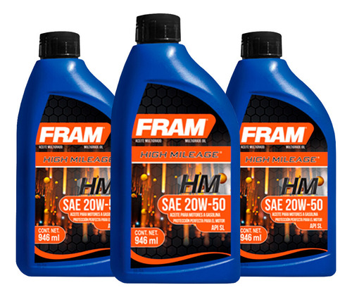 Aceite Mineral Motor Alto Kilometraje 20w50 3 X 946 Ml Fram