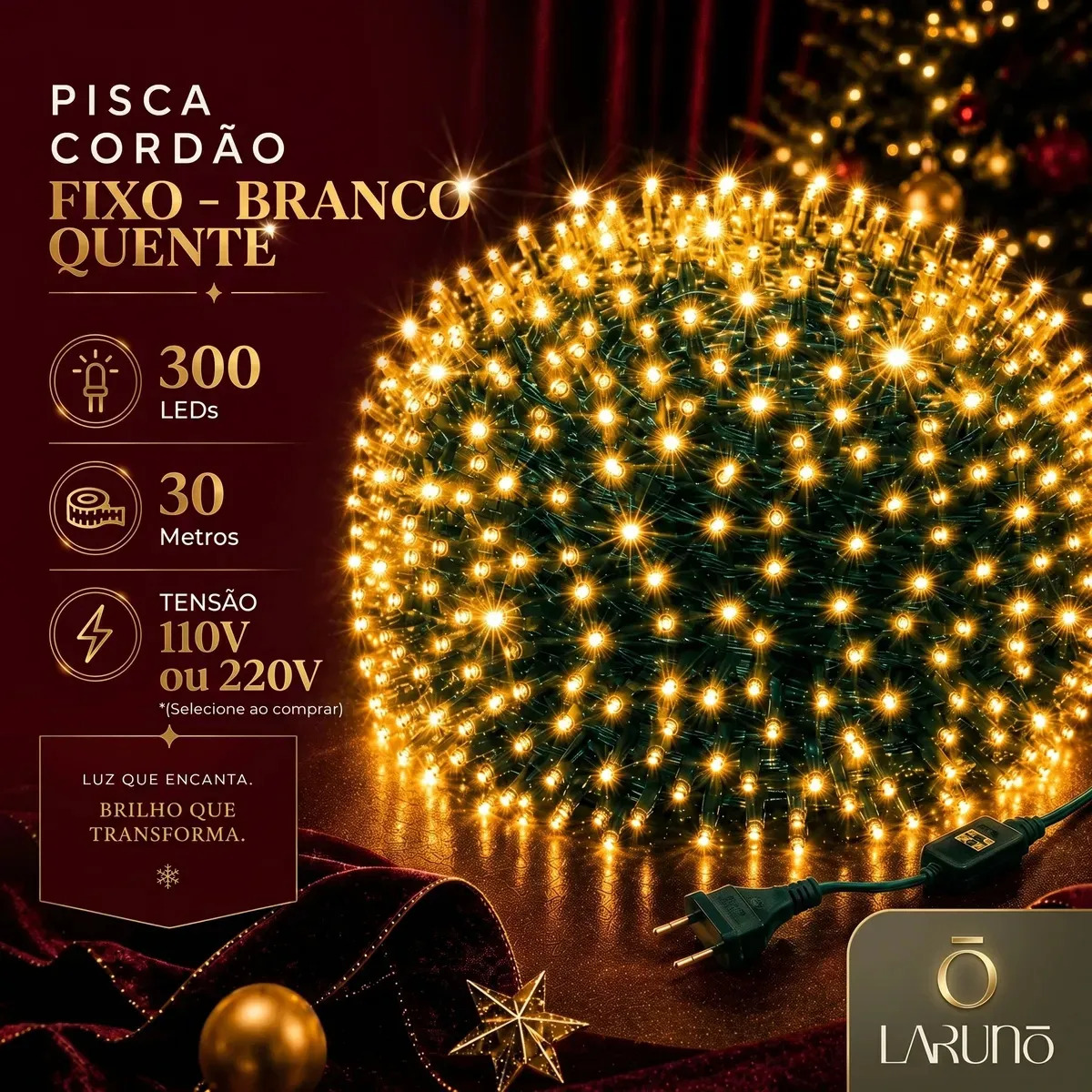 Pisca Pisca LED 30m de 300 Luzes Branco Quente para Interior e Exterior LARUNO