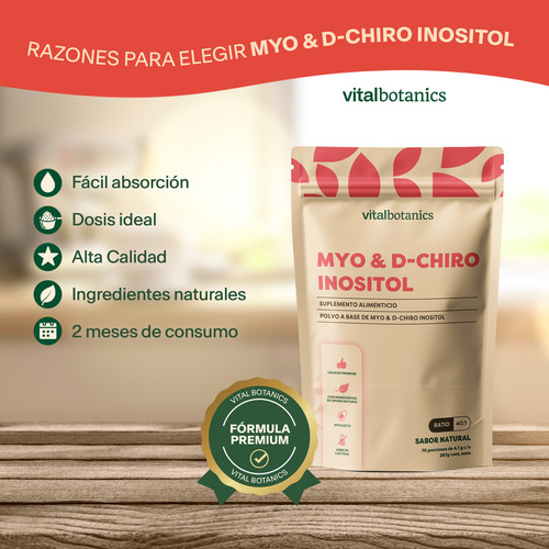 Myo Dchiro Inositol 40:1 Polvo 287g Suplemento Vitalbotanics Sabor Sin sabor