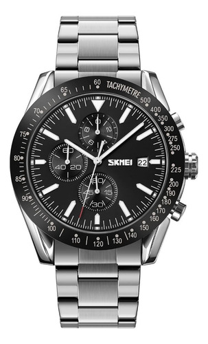 Skmei - Reloj Análogo 9253sibk Para Hombre Correa Plateado Bisel Negro Fondo Negro