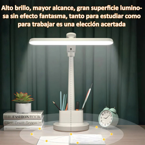Fofodio Lámpara Blanca de Escritorio Brazo Giratoria 360° Recargable Luces Led y Soporte para Celular 3 Modos de Brillo para Estudiar Lectura Hogar y Trabajo