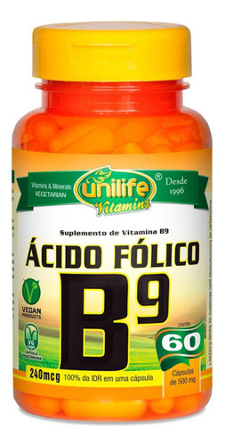 Vitamina B9 Ácido Fólico 60 Cápsulas De 500mg