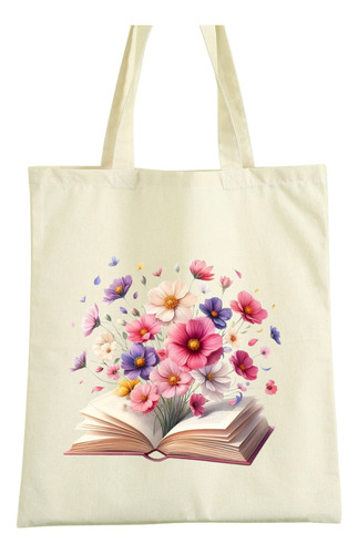 Tote Bag Tela - Estampado De Libro Con Flores 40x35cm Beige Libro Con Flores