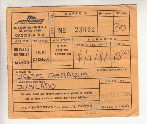 1988 Pasaje Viaje En Cacciola Sa Motonaves Tigre Carmelo 