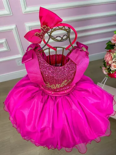 Vestido Infantil Rosa Barbie  Luxo Festa Aniversário - Encontro das  Princesas