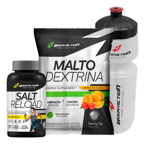 Maltodextrina 1kg + Salt Reload 30 Cápsulas De Sal + Squeeze Sabor Laranja com acerola