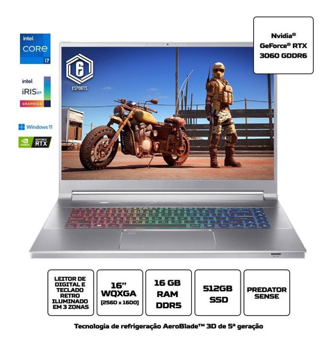 Notebook Predator 72xa I7 12ª W11 Rtx3060 16gb 512gb Ssd 16