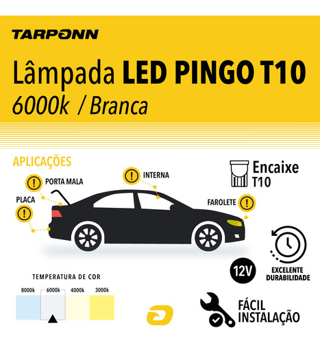 Par Lâmpada Led Pingo T10 6000k 1 Led Convex 12v Tarponn