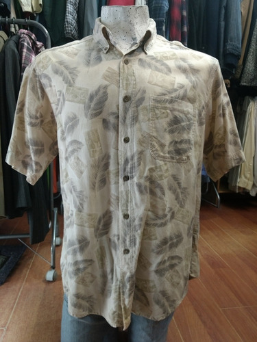 Camisa Hawaiana Beige Suave Con Plumas L Algodón