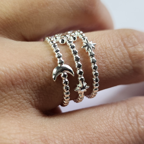 Anillo Luna Y Estrellas Acero Blanco Con Caja Para Regalo Plateado 18