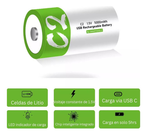 Cargador De 2 Pilas C2 Recargables Usb C 5,000mwh 1.5v