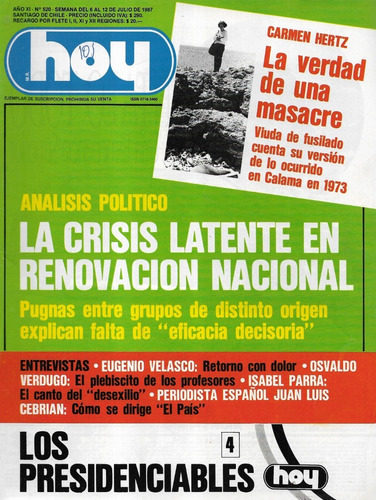 Revista Hoy 520 / 12 Juli 1987 / Carmen Hertz Viuda Fusilado