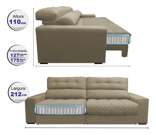 Sofá Retrátil e Reclinável com Molas Ensacadas Cama inBox Master 2,12m Tecido Suede Bege