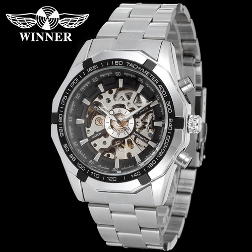 Mens Automatic Mechanical Watch:steel Band Hollow-out Design
